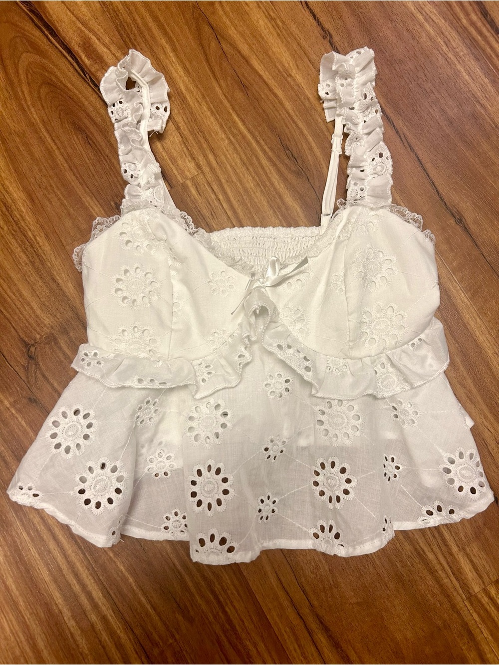 SHEIN White Eyelet Ruffle Peplum Camisole